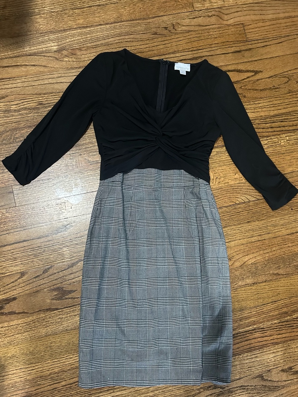 New York & Company Black Top with Gray Plaid Midi Dress